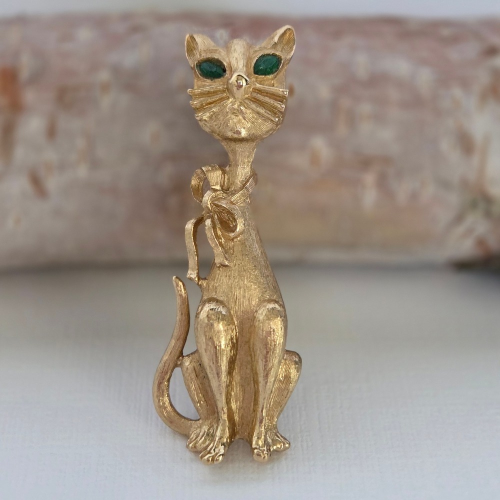 Monet Brooch Gold Vintage Cat Green Eye Bow Pin Signed